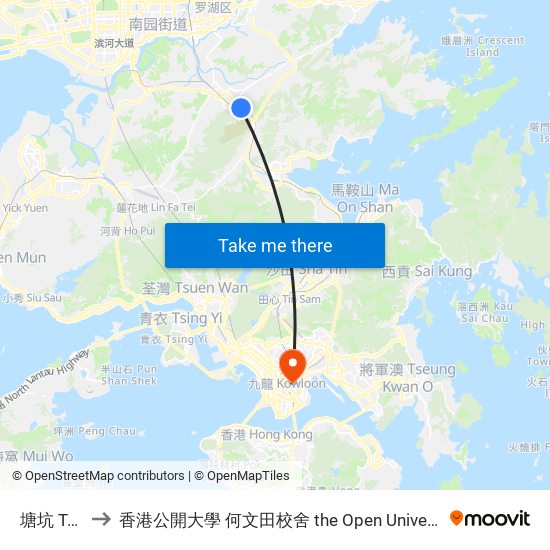 塘坑 Tong Hang to 香港公開大學 何文田校舍 the Open University Of Hong Kong Ho Man Tin Campus map