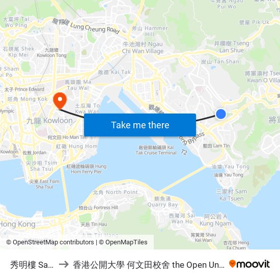 秀明樓 Sau Ming House to 香港公開大學 何文田校舍 the Open University Of Hong Kong Ho Man Tin Campus map