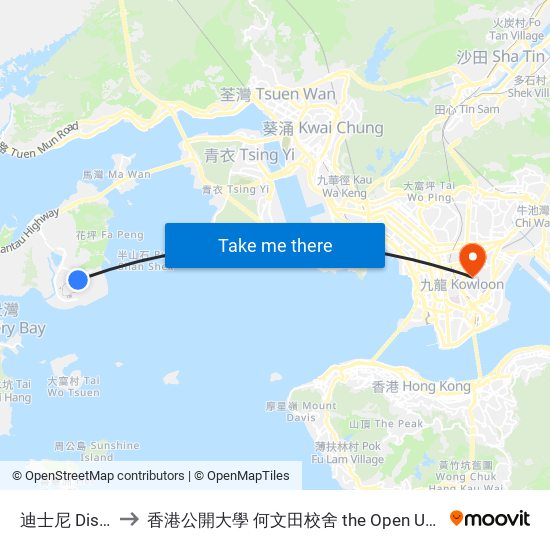 迪士尼 Disneyland Resort to 香港公開大學 何文田校舍 the Open University Of Hong Kong Ho Man Tin Campus map