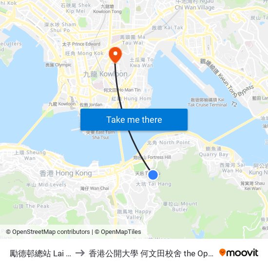 勵德邨總站 Lai Tak Tsuen Bus Terminus to 香港公開大學 何文田校舍 the Open University Of Hong Kong Ho Man Tin Campus map
