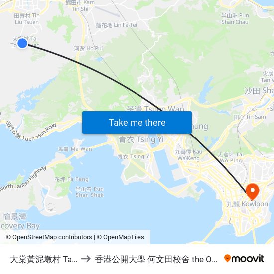 大棠黃泥墩村 Tai Tong Wong Nai Tun Tsuen to 香港公開大學 何文田校舍 the Open University Of Hong Kong Ho Man Tin Campus map
