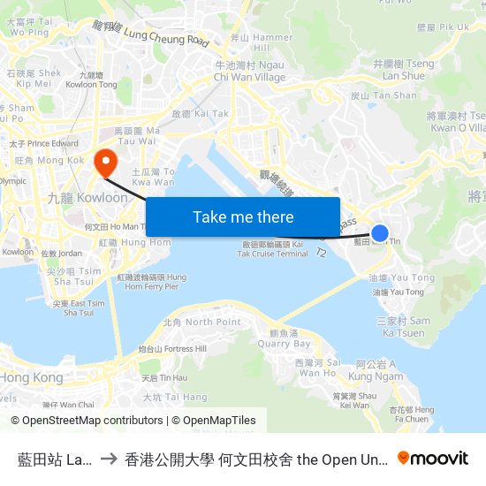 藍田站 Lam Tin Station to 香港公開大學 何文田校舍 the Open University Of Hong Kong Ho Man Tin Campus map