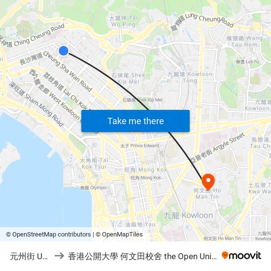 元州街 Un Chau Street to 香港公開大學 何文田校舍 the Open University Of Hong Kong Ho Man Tin Campus map