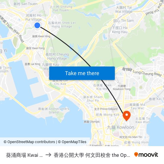 葵涌商場 Kwai Chung Shopping Centre to 香港公開大學 何文田校舍 the Open University Of Hong Kong Ho Man Tin Campus map