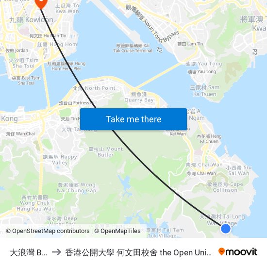 大浪灣 Big Wave Bay to 香港公開大學 何文田校舍 the Open University Of Hong Kong Ho Man Tin Campus map