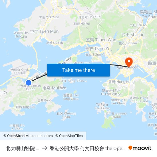 北大嶼山醫院 North Lantau Hospital to 香港公開大學 何文田校舍 the Open University Of Hong Kong Ho Man Tin Campus map