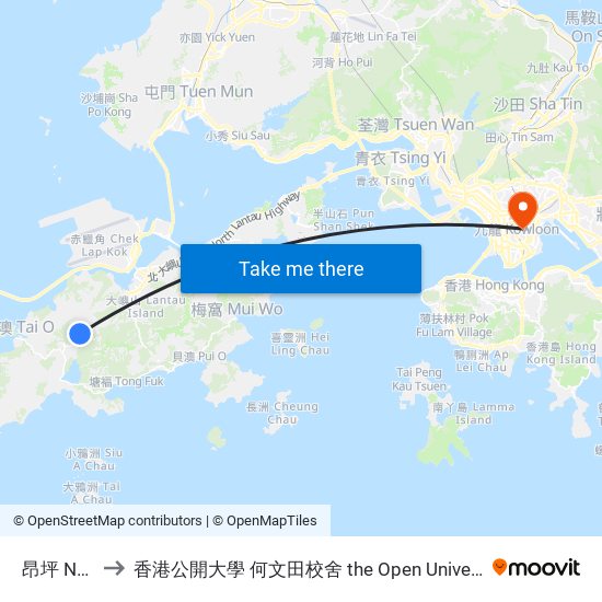 昂坪 Ngong Ping to 香港公開大學 何文田校舍 the Open University Of Hong Kong Ho Man Tin Campus map