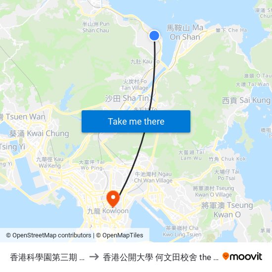 香港科學園第三期 Hong Kong Science Park Phase III to 香港公開大學 何文田校舍 the Open University Of Hong Kong Ho Man Tin Campus map