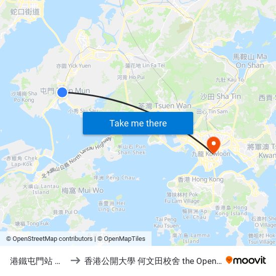 港鐵屯門站 Mtr Tuen Mun Station to 香港公開大學 何文田校舍 the Open University Of Hong Kong Ho Man Tin Campus map