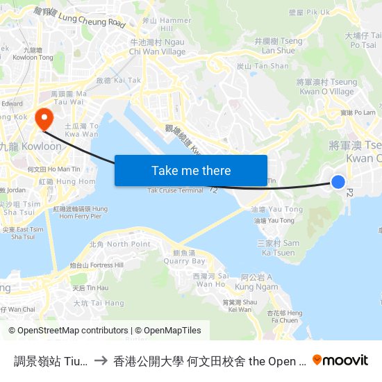 調景嶺站 Tiu Keng Leng Station to 香港公開大學 何文田校舍 the Open University Of Hong Kong Ho Man Tin Campus map