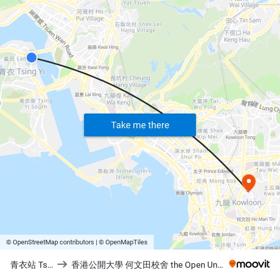 青衣站 Tsing Yi Station to 香港公開大學 何文田校舍 the Open University Of Hong Kong Ho Man Tin Campus map