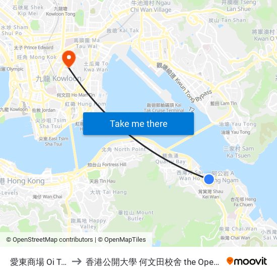 愛東商場 Oi Tung Shopping Centre to 香港公開大學 何文田校舍 the Open University Of Hong Kong Ho Man Tin Campus map