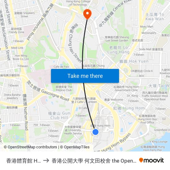 香港體育館 Hong Kong Coliseum to 香港公開大學 何文田校舍 the Open University Of Hong Kong Ho Man Tin Campus map
