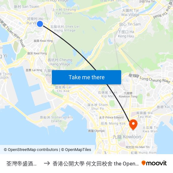 荃灣帝盛酒店 Dorsett Tsuen Wan to 香港公開大學 何文田校舍 the Open University Of Hong Kong Ho Man Tin Campus map