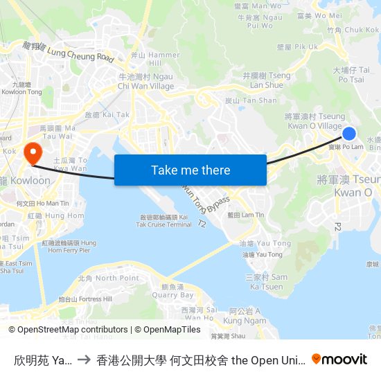 欣明苑 Yan Ming Court to 香港公開大學 何文田校舍 the Open University Of Hong Kong Ho Man Tin Campus map