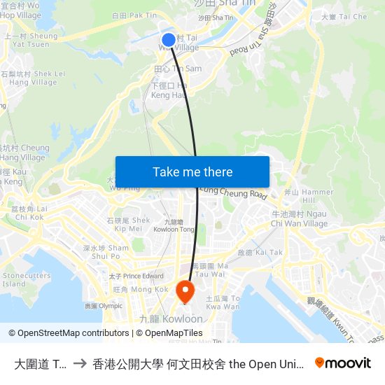 大圍道 Tai Wai Road to 香港公開大學 何文田校舍 the Open University Of Hong Kong Ho Man Tin Campus map