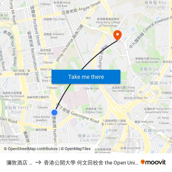 彌敦酒店 Nathan Hotel to 香港公開大學 何文田校舍 the Open University Of Hong Kong Ho Man Tin Campus map