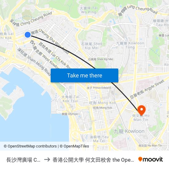 長沙灣廣場 Cheung Sha Wan Plaza to 香港公開大學 何文田校舍 the Open University Of Hong Kong Ho Man Tin Campus map