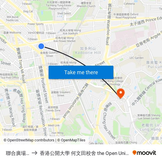 聯合廣場 Allied Plaza to 香港公開大學 何文田校舍 the Open University Of Hong Kong Ho Man Tin Campus map
