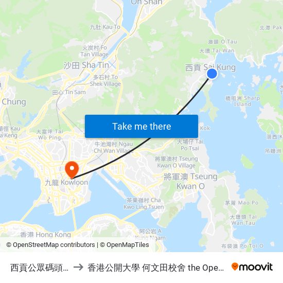 西貢公眾碼頭 Sai Kung Public Pier to 香港公開大學 何文田校舍 the Open University Of Hong Kong Ho Man Tin Campus map