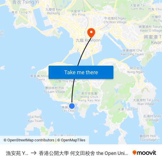 漁安苑 Yue on Court to 香港公開大學 何文田校舍 the Open University Of Hong Kong Ho Man Tin Campus map