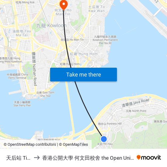 天后站 Tin Hau Station to 香港公開大學 何文田校舍 the Open University Of Hong Kong Ho Man Tin Campus map