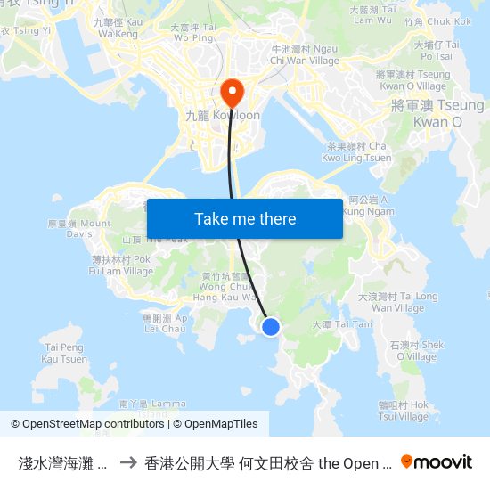 淺水灣海灘 Repulse Bay Beach to 香港公開大學 何文田校舍 the Open University Of Hong Kong Ho Man Tin Campus map
