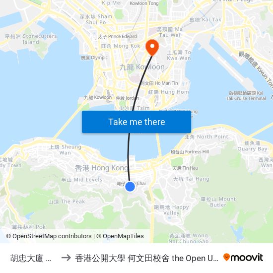 胡忠大廈 Wu Chung House to 香港公開大學 何文田校舍 the Open University Of Hong Kong Ho Man Tin Campus map