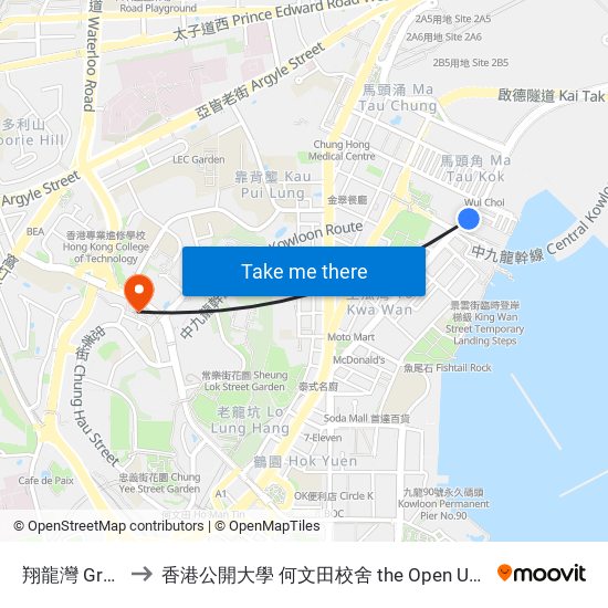 翔龍灣 Grand Waterfront to 香港公開大學 何文田校舍 the Open University Of Hong Kong Ho Man Tin Campus map