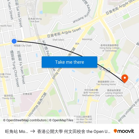 旺角站 Mong Kok Station to 香港公開大學 何文田校舍 the Open University Of Hong Kong Ho Man Tin Campus map