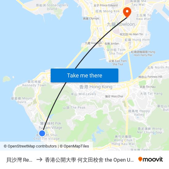 貝沙灣 Residence Bel-Air to 香港公開大學 何文田校舍 the Open University Of Hong Kong Ho Man Tin Campus map