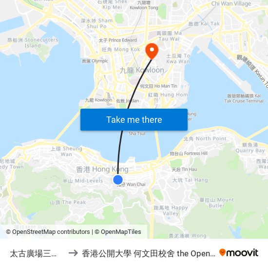 太古廣場三座 Three Pacific Place to 香港公開大學 何文田校舍 the Open University Of Hong Kong Ho Man Tin Campus map