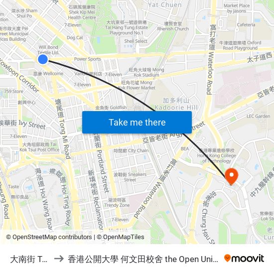 大南街 Tai Nan Street to 香港公開大學 何文田校舍 the Open University Of Hong Kong Ho Man Tin Campus map