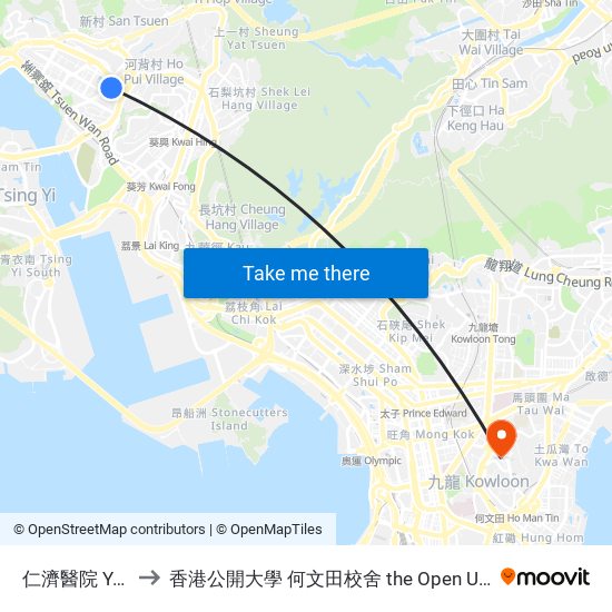 仁濟醫院 Yan Chai Hospital to 香港公開大學 何文田校舍 the Open University Of Hong Kong Ho Man Tin Campus map