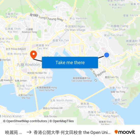 曉麗苑 Hiu Lai Court to 香港公開大學 何文田校舍 the Open University Of Hong Kong Ho Man Tin Campus map