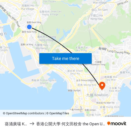 葵涌廣場 Kwai Chung Plaza to 香港公開大學 何文田校舍 the Open University Of Hong Kong Ho Man Tin Campus map