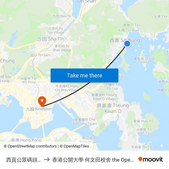 西貢公眾碼頭 Sai Kung Public Pier to 香港公開大學 何文田校舍 the Open University Of Hong Kong Ho Man Tin Campus map