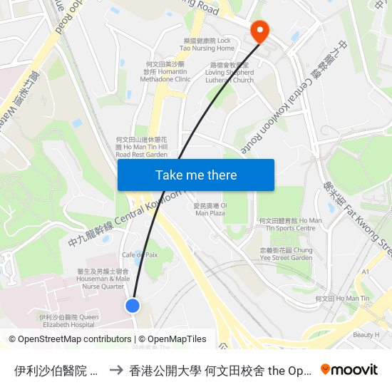 伊利沙伯醫院 Queen Elizabeth Hospital to 香港公開大學 何文田校舍 the Open University Of Hong Kong Ho Man Tin Campus map