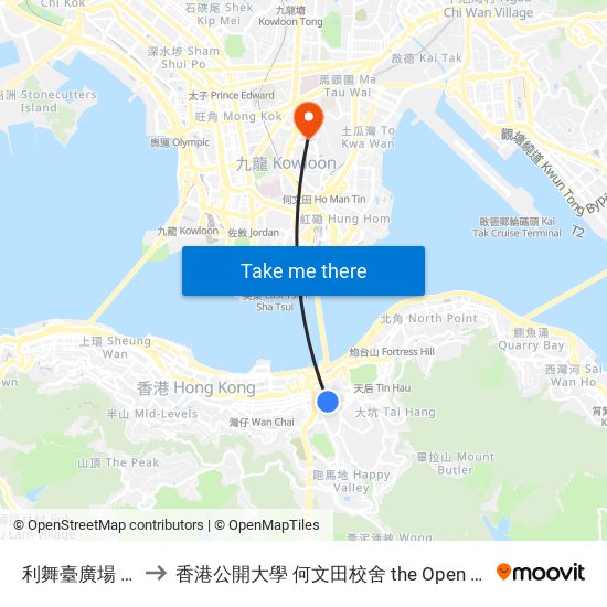 利舞臺廣場 Lee Theatre Plaza to 香港公開大學 何文田校舍 the Open University Of Hong Kong Ho Man Tin Campus map
