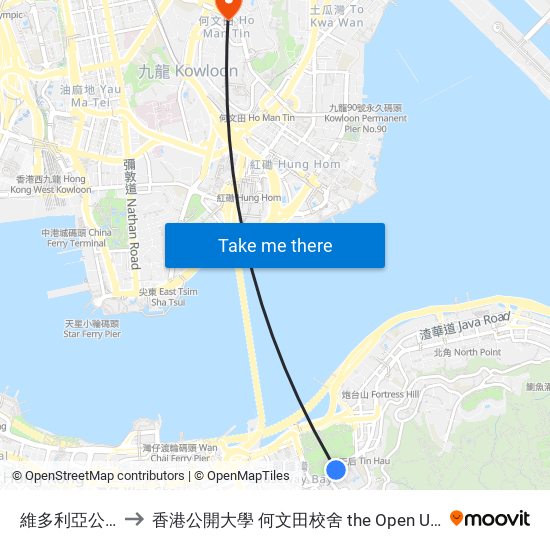 維多利亞公園 Victoria Park to 香港公開大學 何文田校舍 the Open University Of Hong Kong Ho Man Tin Campus map