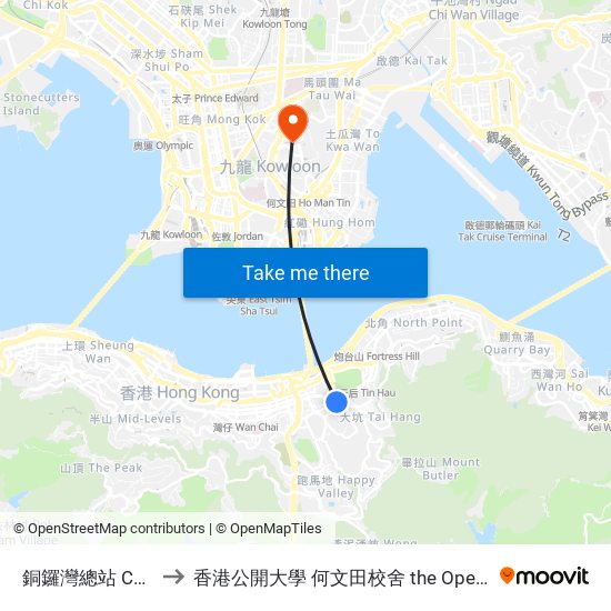 銅鑼灣總站 Causeway Bay Terminus to 香港公開大學 何文田校舍 the Open University Of Hong Kong Ho Man Tin Campus map
