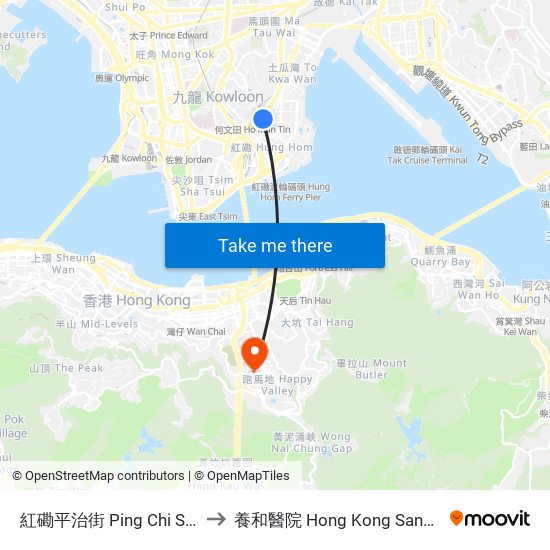 紅磡平治街 Ping Chi Street Hung Hom to 養和醫院 Hong Kong Sanatorium & Hospital map