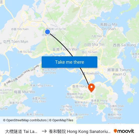 大欖隧道 Tai Lam Tunnel to 養和醫院 Hong Kong Sanatorium & Hospital map