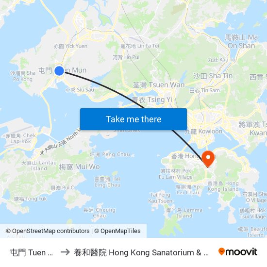 屯門 Tuen Mun to 養和醫院 Hong Kong Sanatorium & Hospital map