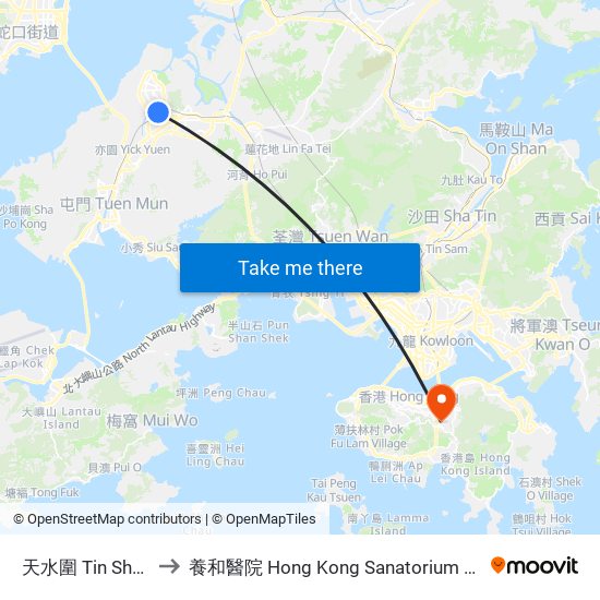 天水圍 Tin Shui Wai to 養和醫院 Hong Kong Sanatorium & Hospital map
