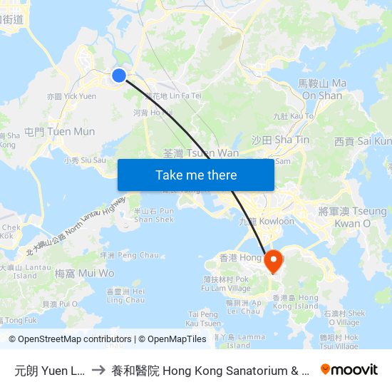 元朗 Yuen Long to 養和醫院 Hong Kong Sanatorium & Hospital map