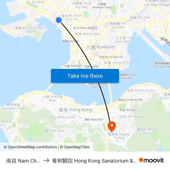 南昌 Nam Cheong to 養和醫院 Hong Kong Sanatorium & Hospital map