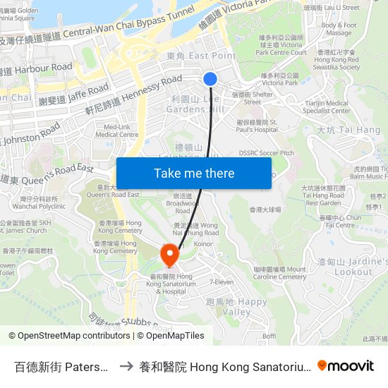 百德新街 Paterson Street to 養和醫院 Hong Kong Sanatorium & Hospital map