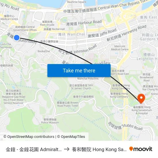金鐘 - 金鐘花園 Admiralty - Admiralty Garden to 養和醫院 Hong Kong Sanatorium & Hospital map