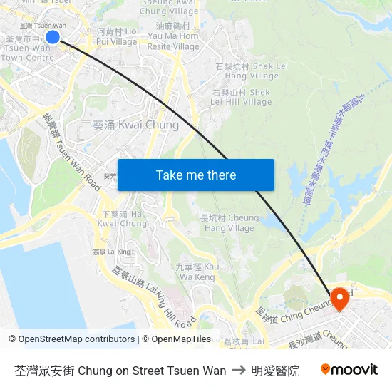 荃灣眾安街 Chung on Street Tsuen Wan to 明愛醫院 map